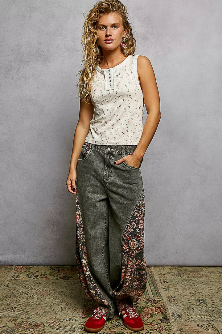 POL Vintage Floral Print Slim-Fit Knit Tank with Raw-Edge Details