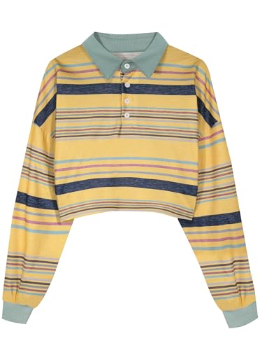Natalie Winters Dress - Remidoo Women's Collared Half Button Long Sleeve Striped Crop Top Sweatshirt