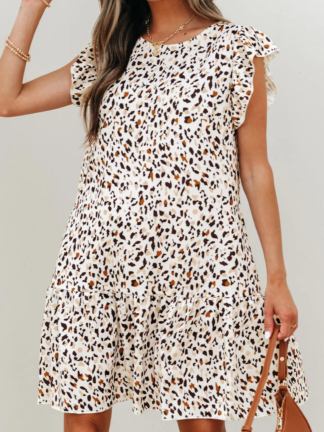Leopard Ruffled Flutter Sleeve Keyhole Back Mini Dress