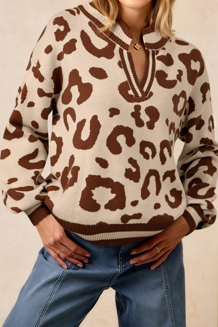 Light French Beige Leopard Printed Knit V Neck Casual Sweater