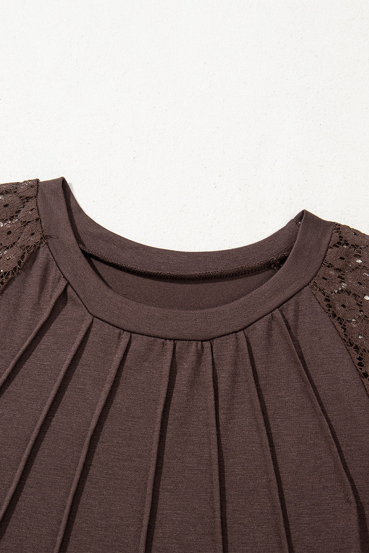 Dark Brown Contrast Lace Raglan Sleeve Pleated Detail Shift Dress