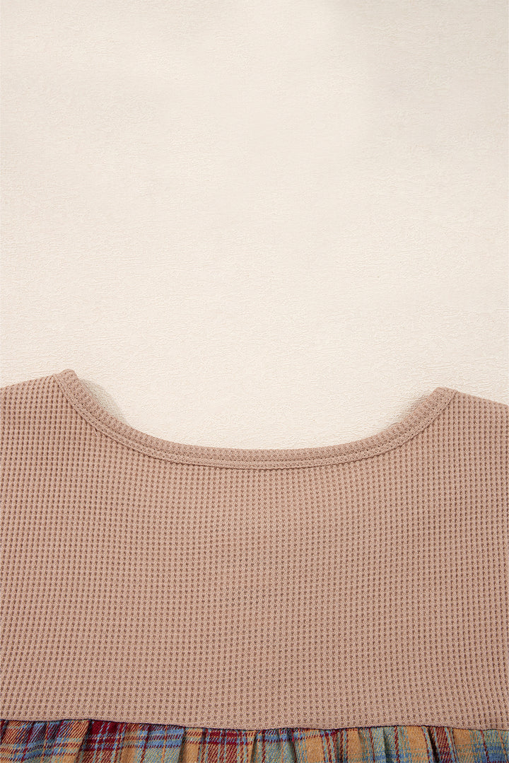 Straw Yellow Waffle Stripe Plaid Patchwork Henley Knit Top