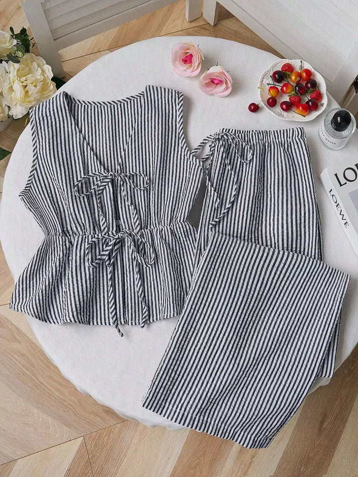 Striped Tie-Front Sleeveless Top and Pants Set