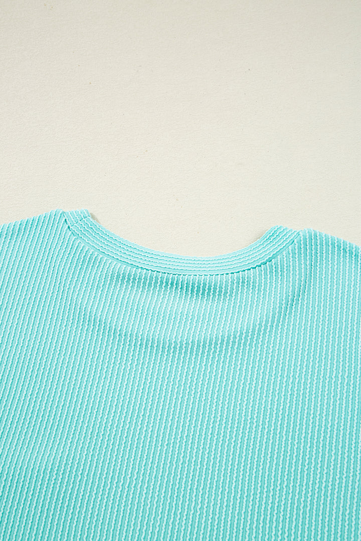 Iceland Blue 3D Ribbed Texture Contrast Patched Pocket Long Sleeve Top