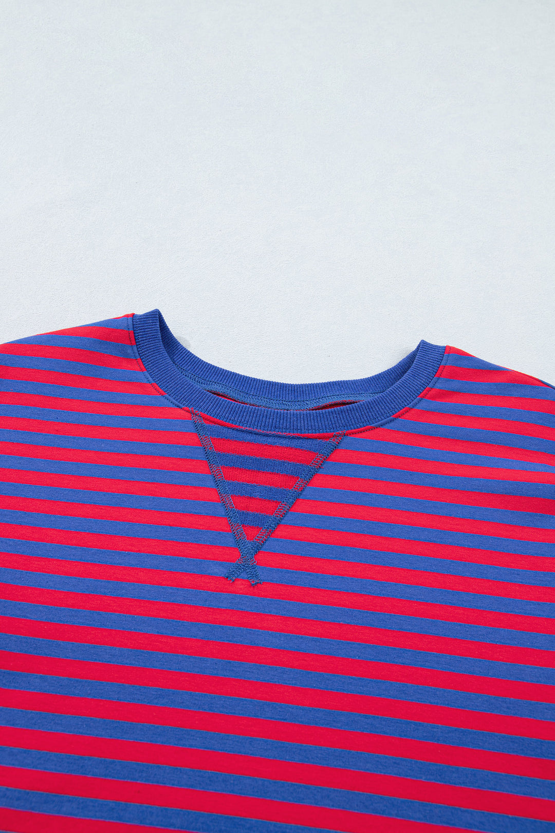 Navy Stripe Striped Ribbed Cotton Two-Piece Short Set with Chest Patch Detail