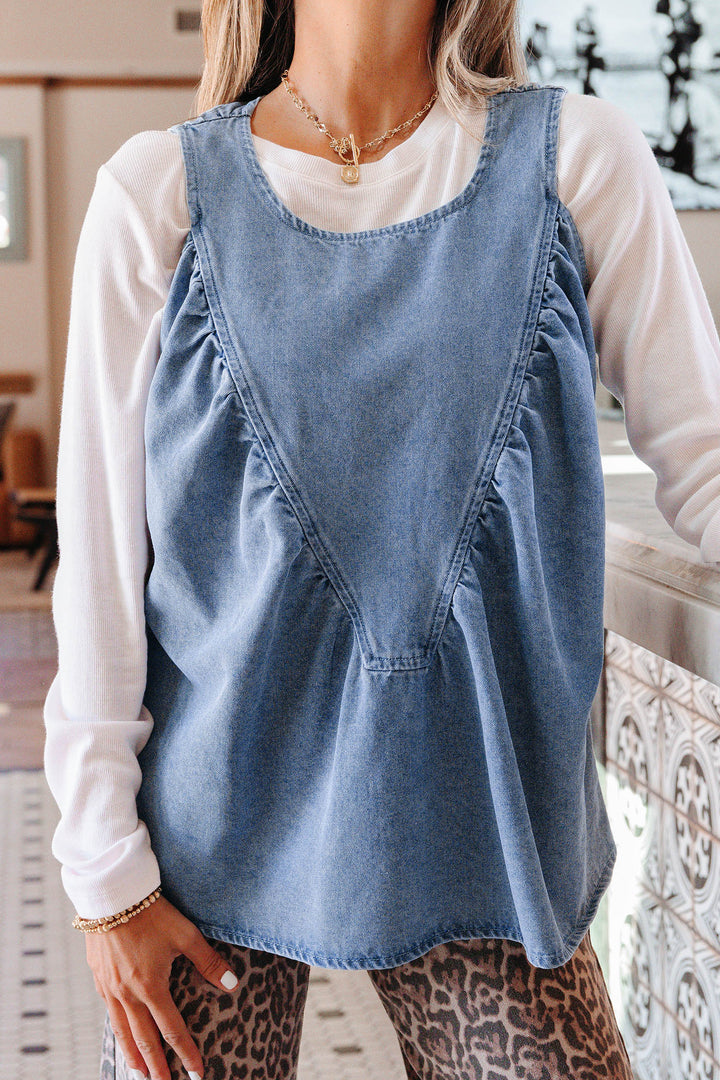 Myosotis Denim Pleated Patchwork Sleeveless Top