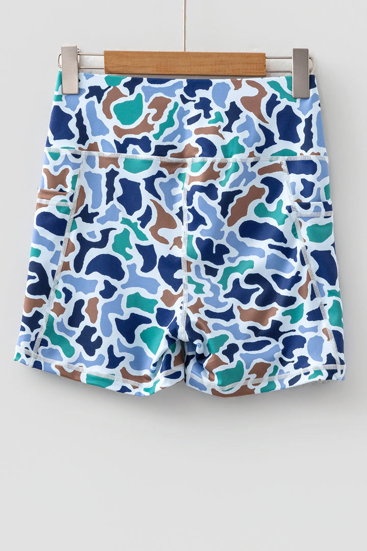 Blue Abstract Camo Printed Seam Detail Biker Shorts