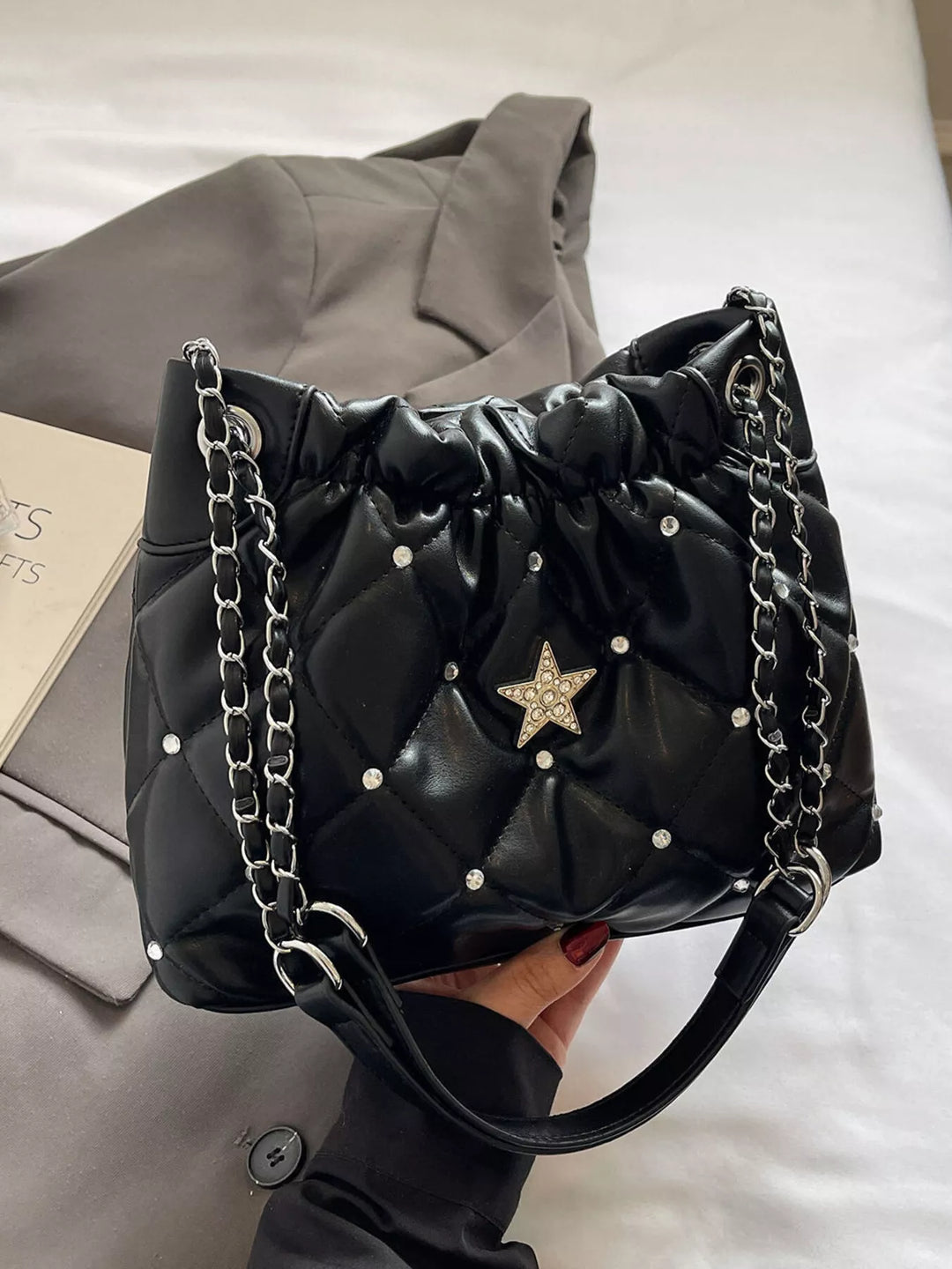 Quilted Rhinestone Star Decor Shoulder Bag