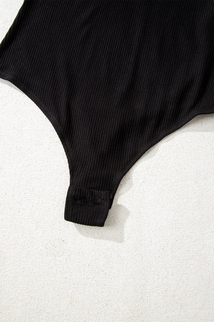 Black Ribbed Long Sleeve Crew Neck Solid Color Bodysuit