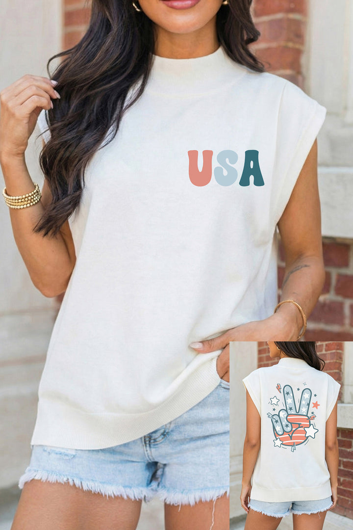 White USA/ Patriotic Victory Double Side Printed Mock Neck Tee