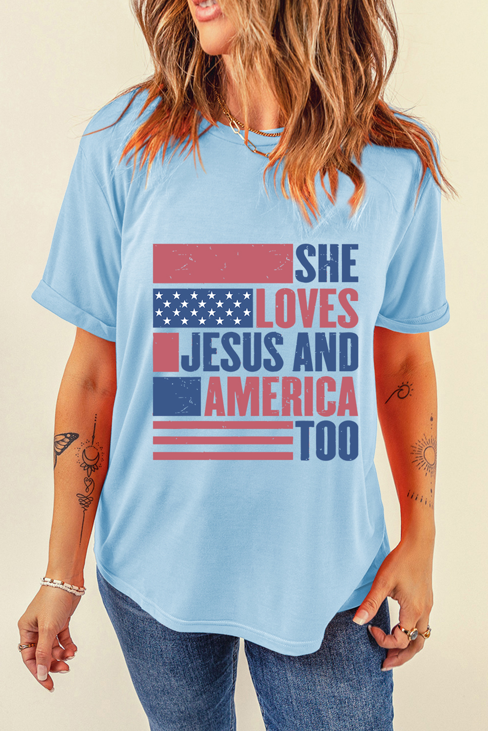 Light Blue SHE LOVES JESUS AND AMERICA TOO Heat Transfer Printing Patriotic T Shirt