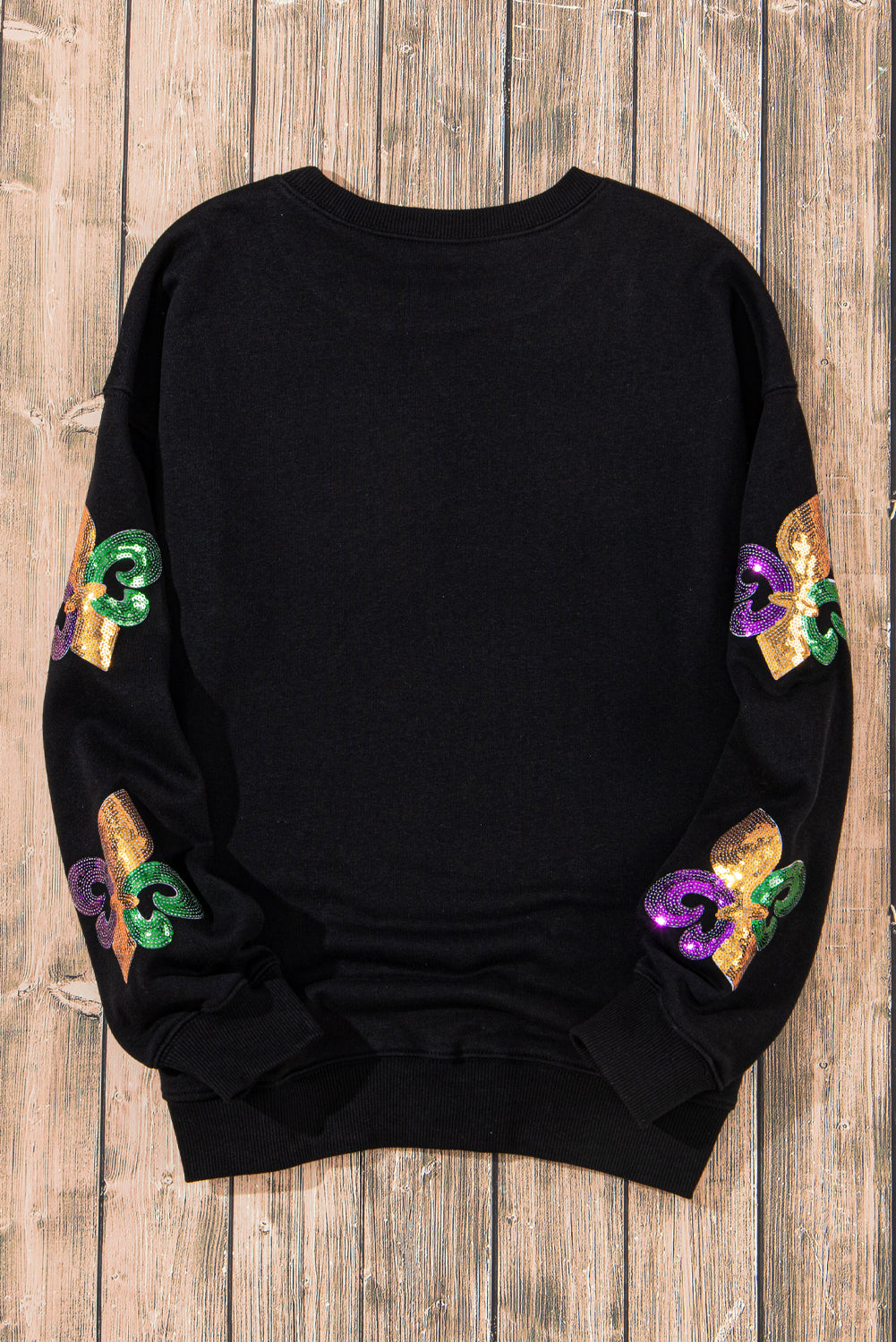 Black Sequin Mardi Gras Graphic Pullover Sweatshirt