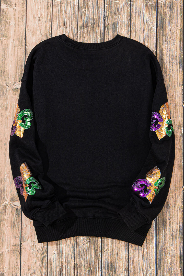 Black Sequin Mardi Gras Graphic Pullover Sweatshirt