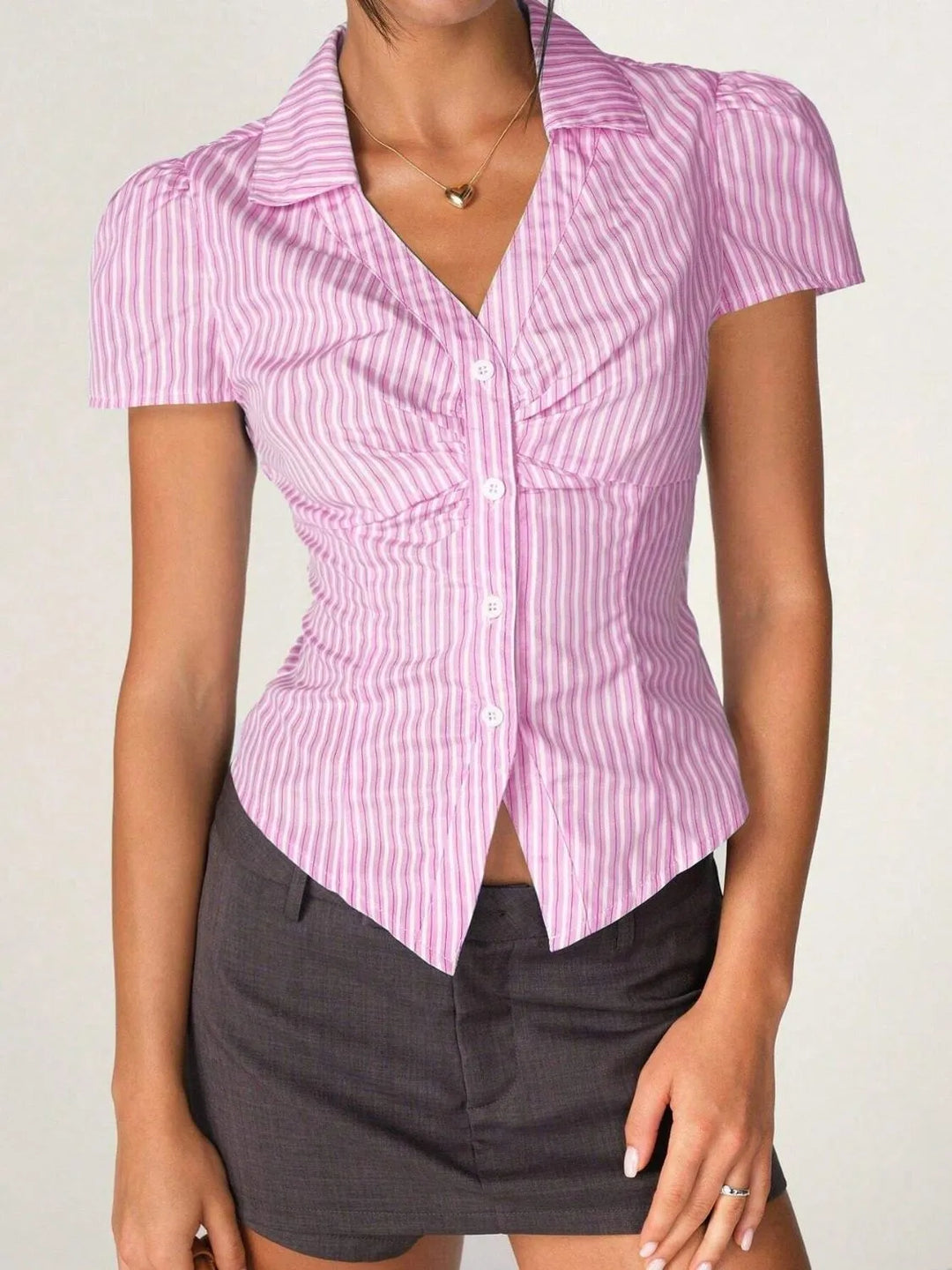 Striped Collared Neck Short Sleeve Shirt