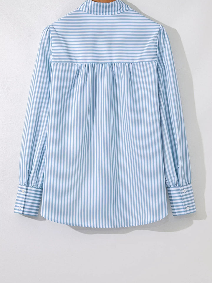 Stripe Shirred Detail Half Placket Collared Long Sleeve Shirt