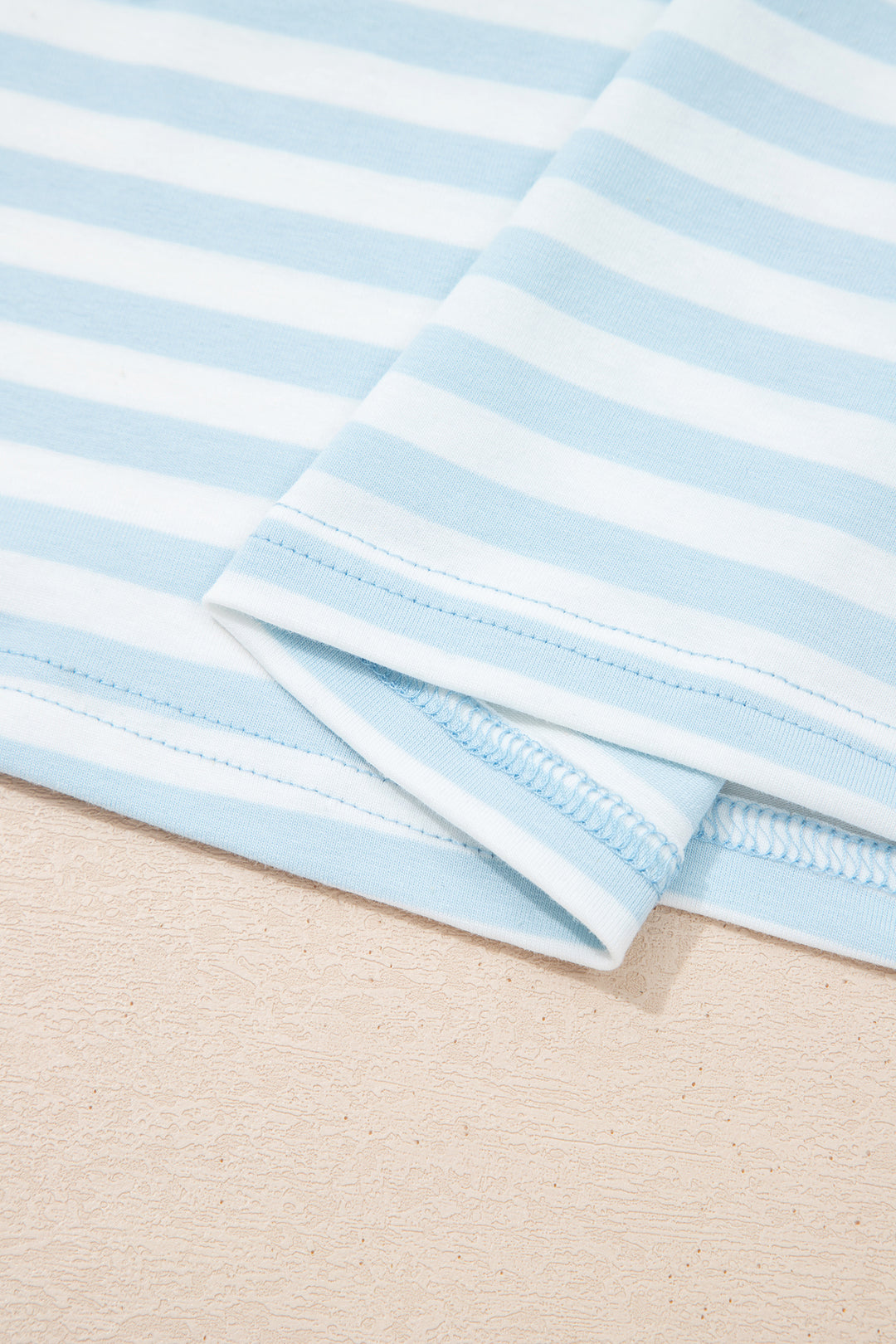 Sky Blue Stripe Contrast Neck Loose Tee and Drawstring Shorts Set