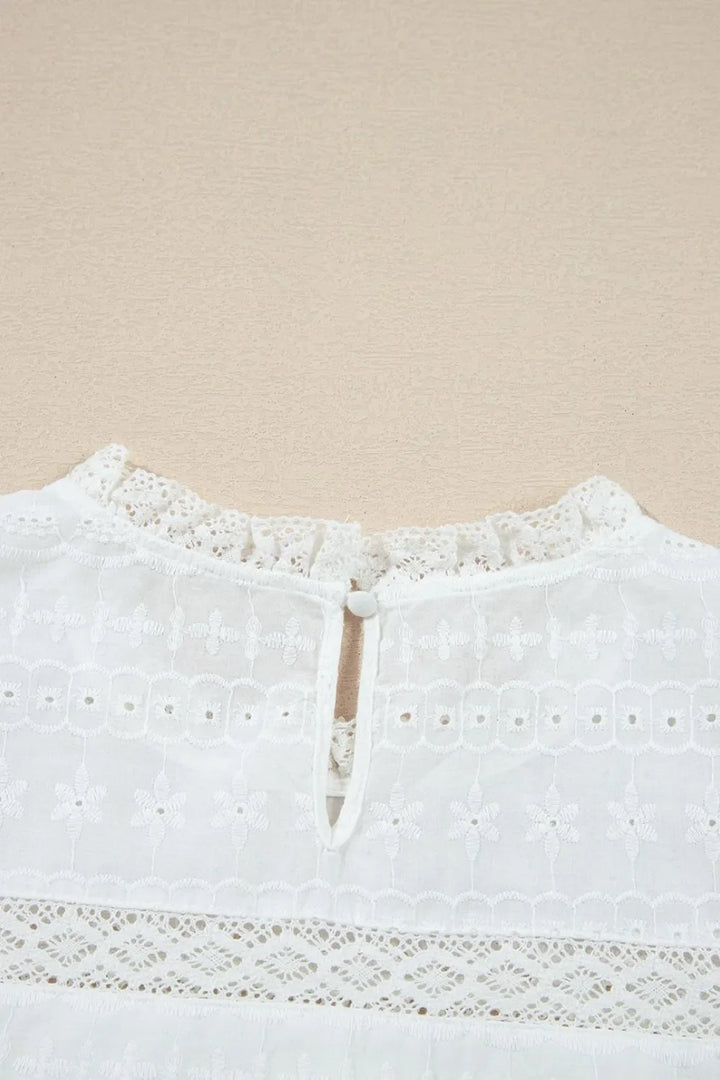 Lace Round Neck Flutter Sleeve Eyelet Blouse