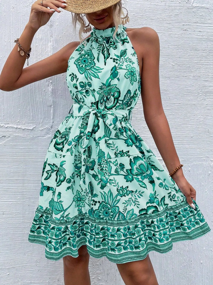 Floral Halter Neck Summer Dress with Belt