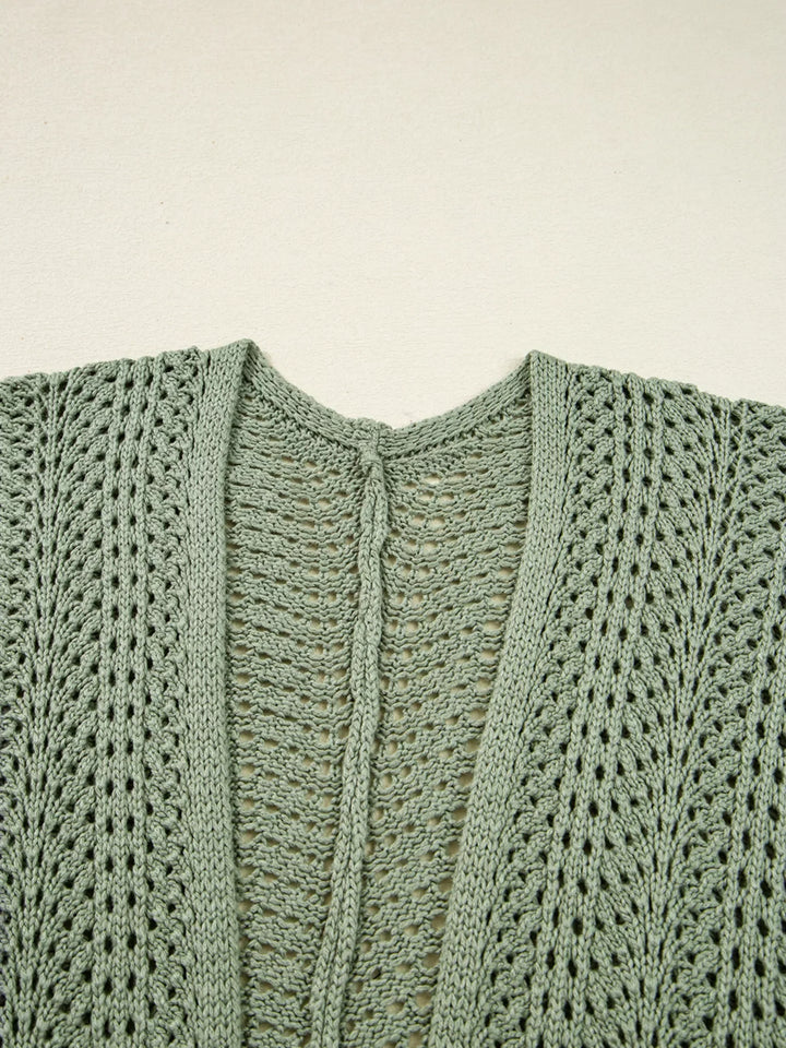 Scalloped Edge Eyelet Knit Batwing Sleeve Cardigan