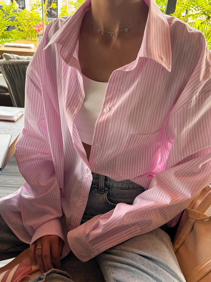 Collared Neck Long Sleeve Striped Button-Up Shirt