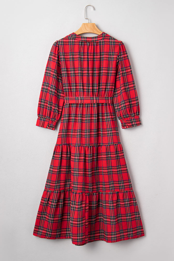 Red Christmas Plaid V Neck 3/4 Sleeve Tie Waist Ruffle Hem Long Dress