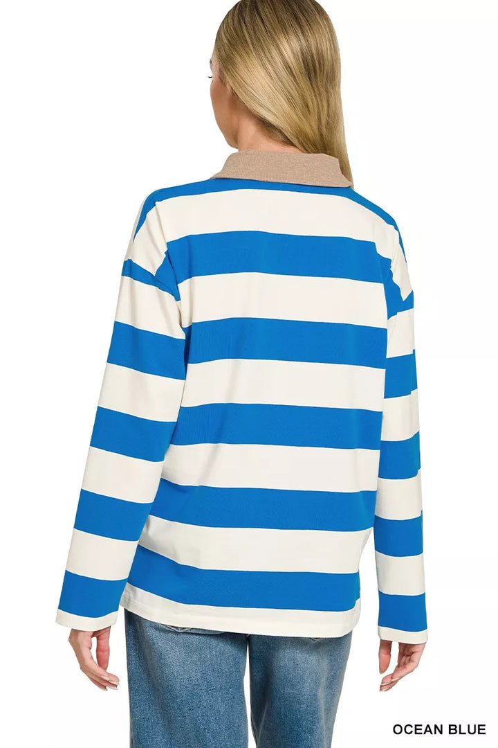 Zenana Striped Contrast Collar Polo Top