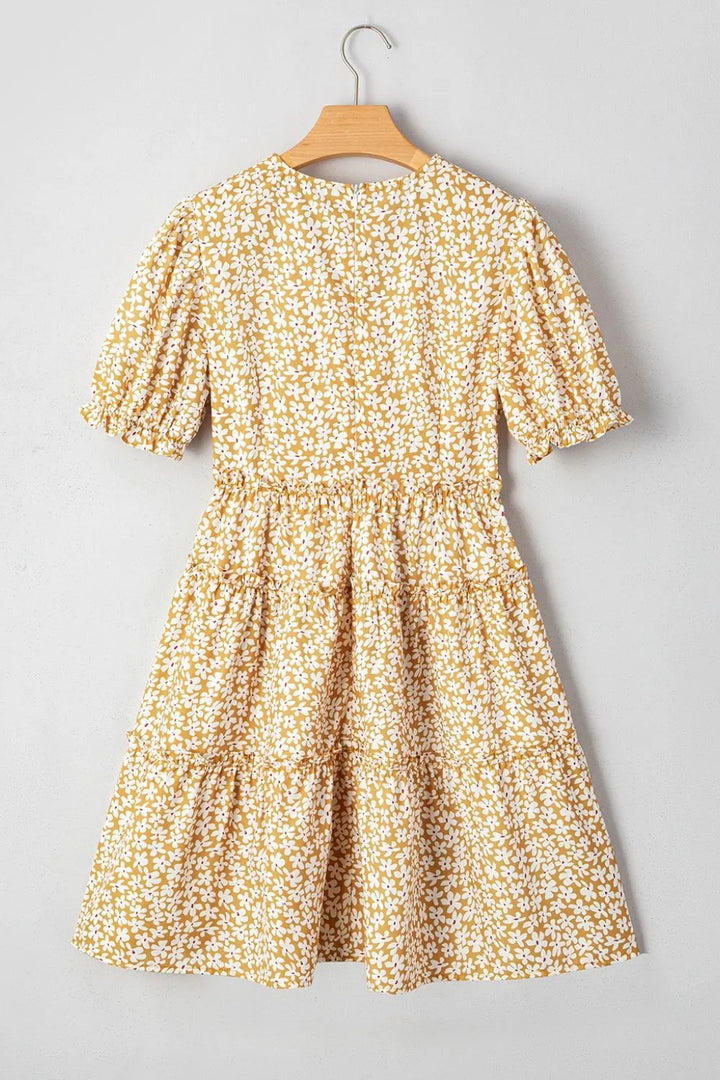 Floral Short Sleeve Surplice Frilly Tiered Mini Dress