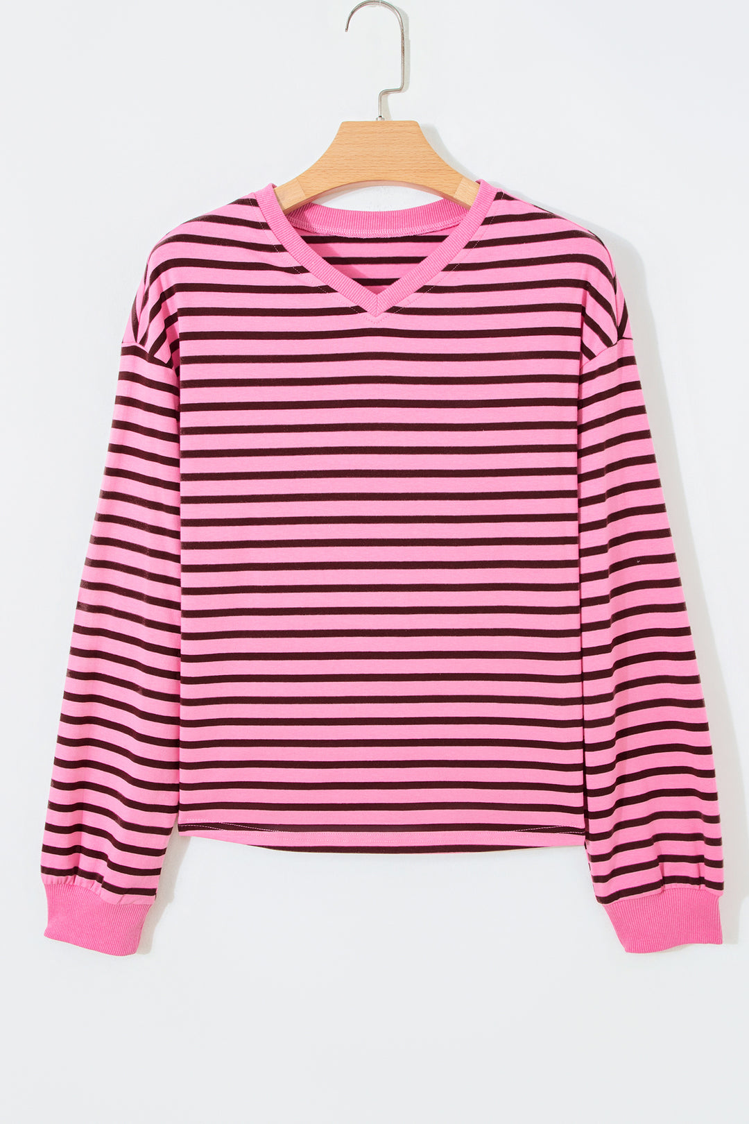 Pink Stripe V Neck Drop Shoulder Long Sleeve Top