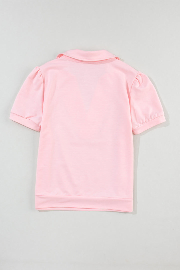 Pink Collared V Neck Puff Sleeve T-shirt