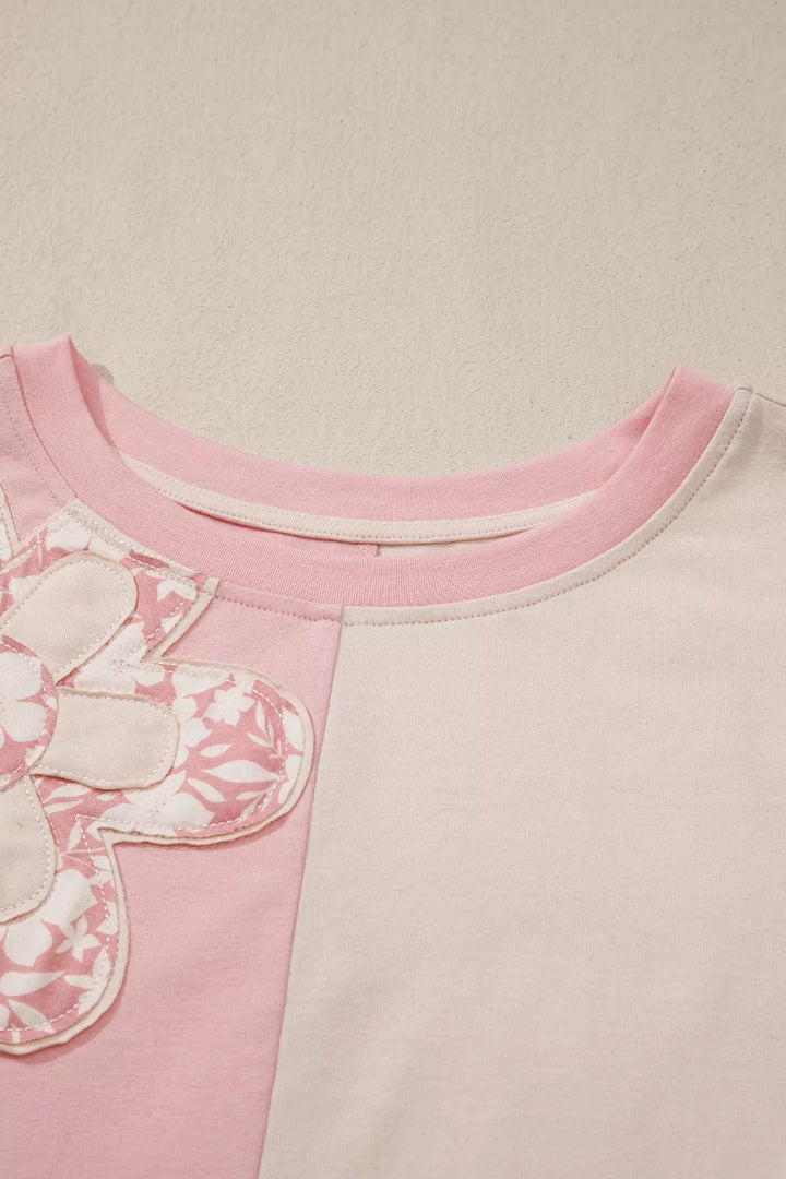 Color Block Flower Patched Loose T Shirt