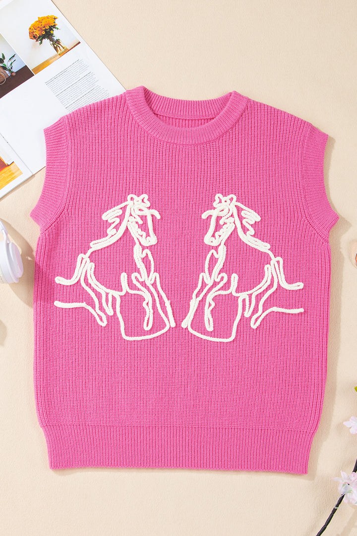 Bright Pink Western Horse Embroidered Round Neck Sweater Tee