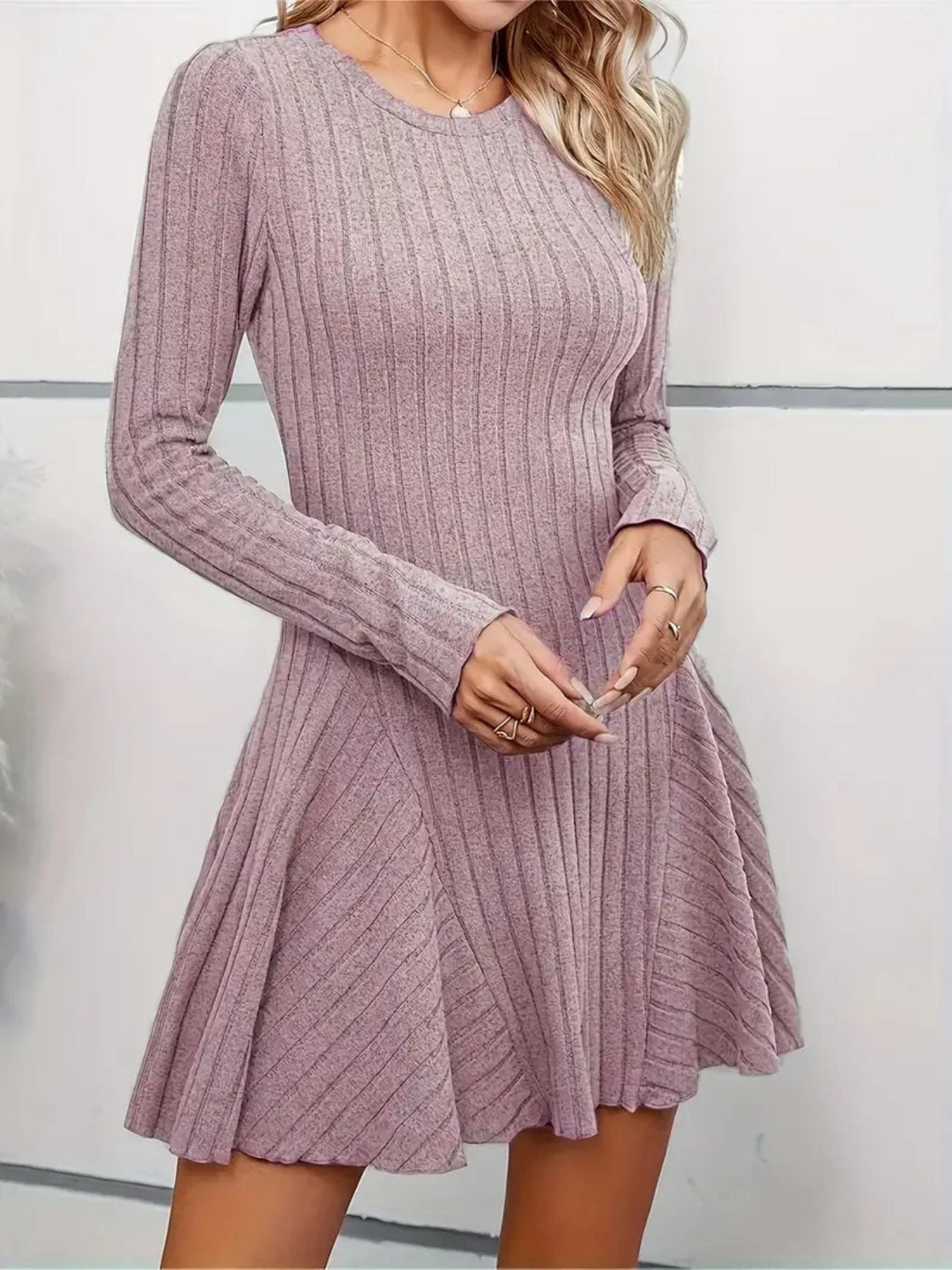 Ribbed Knit Long Sleeve A-Line Dress