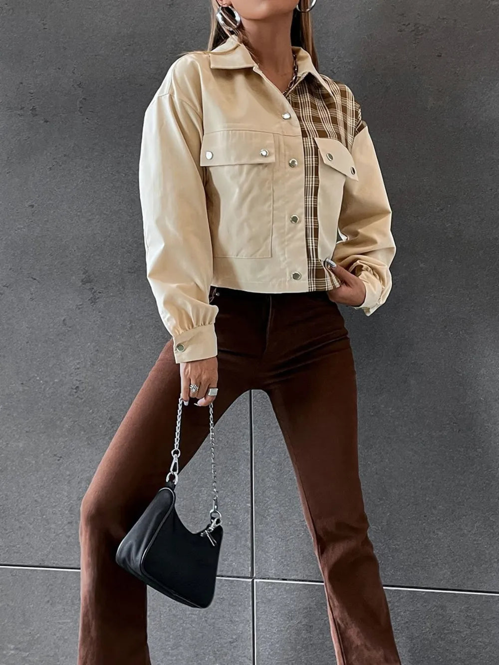 Snap Down Color Block Plaid Jacket