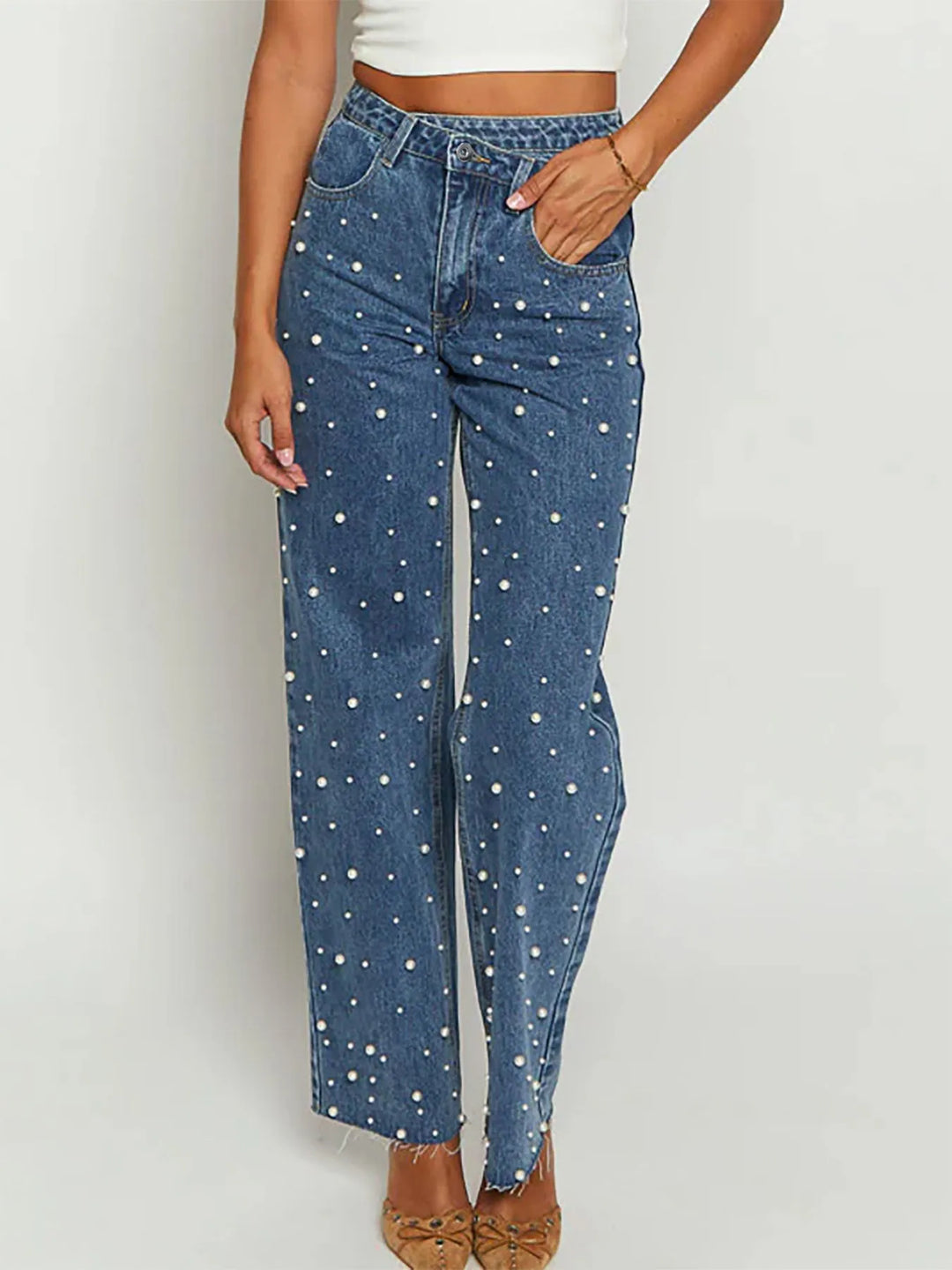 Pearl Embellished High Waist Straight Leg Jeans