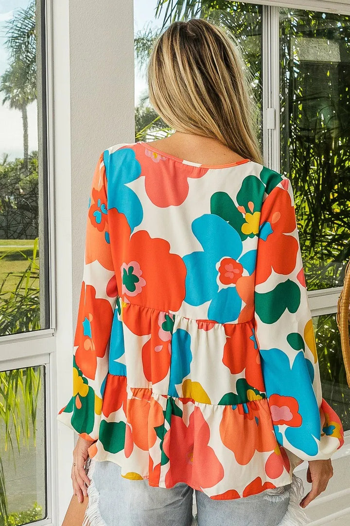 BiBi Floral Woven Tiered V Neck Top