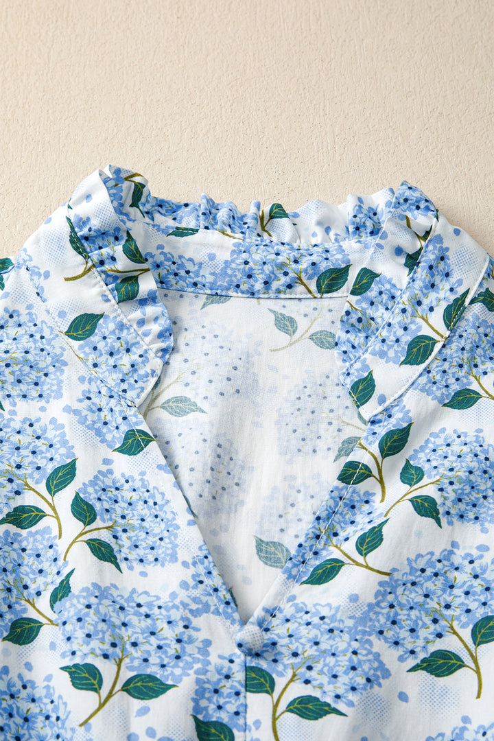 Sky Blue Hydrangea Floral Print Ruffle Trim Flutter Sleeve Long Dress