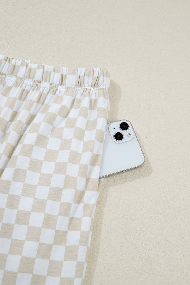 Khaki Checkered Print Half Sleeve Tee 2pcs Lounge Pant Set