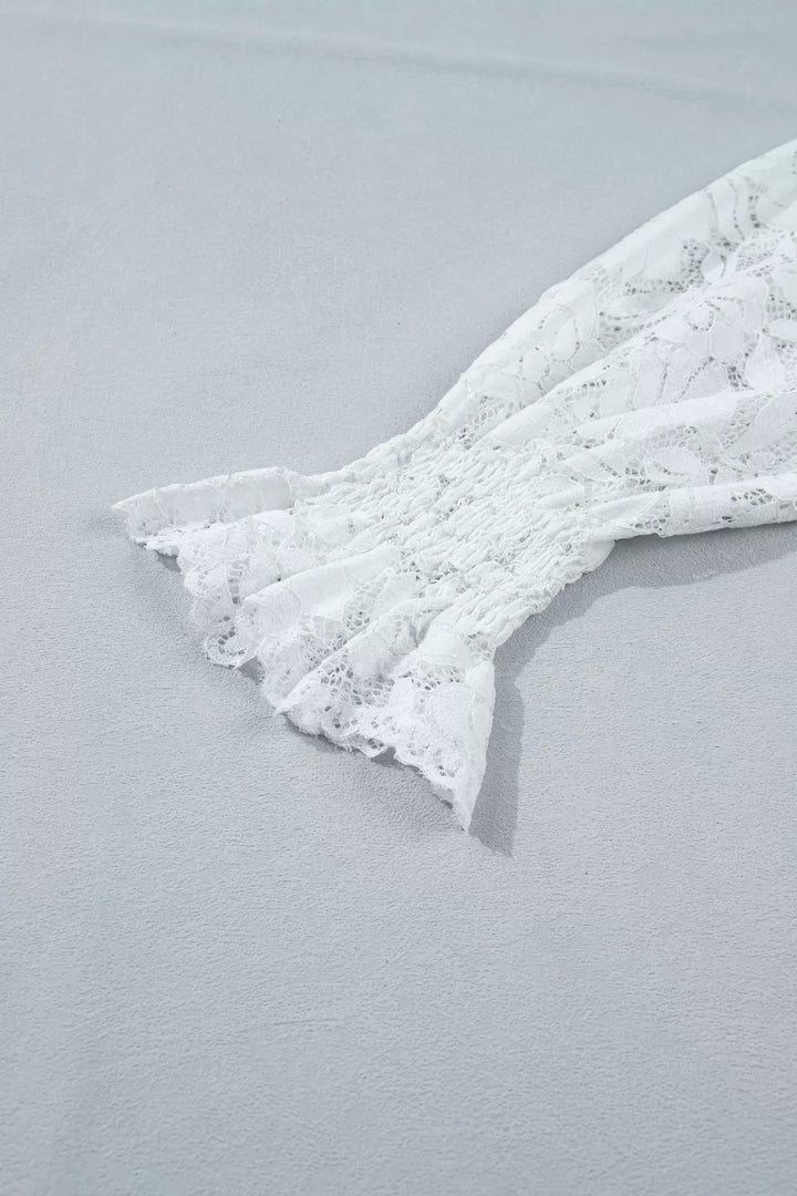 Ruffled Round Neck Long Flounce Sleeve Sheer Lace Blouse