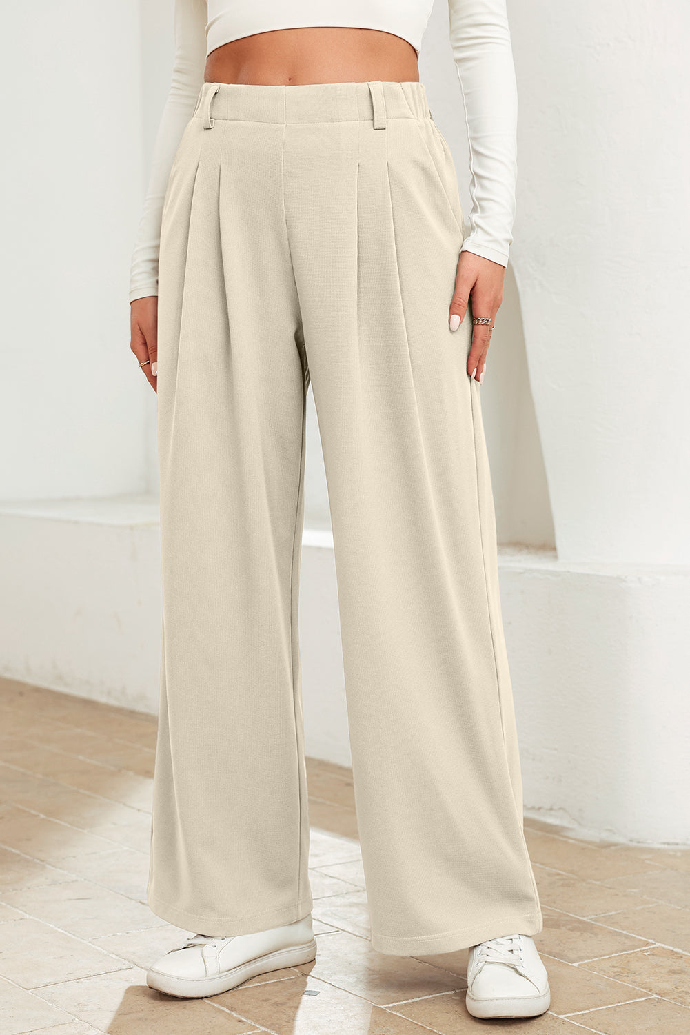 Beige Solid Color Textured Elastic Waist Wide Leg Pants