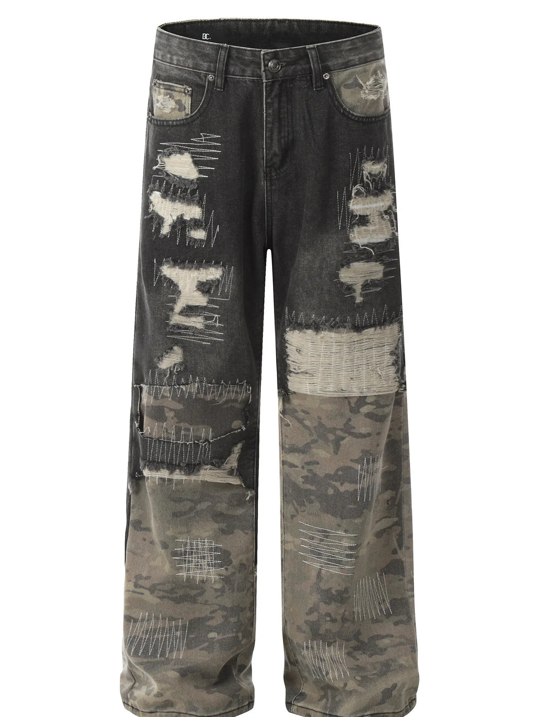 Men's Distressed Camouflage Patchwork Jeans