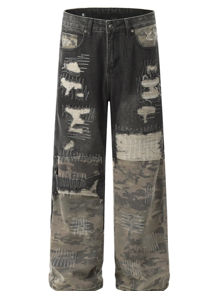 Men's Distressed Camouflage Patchwork Jeans