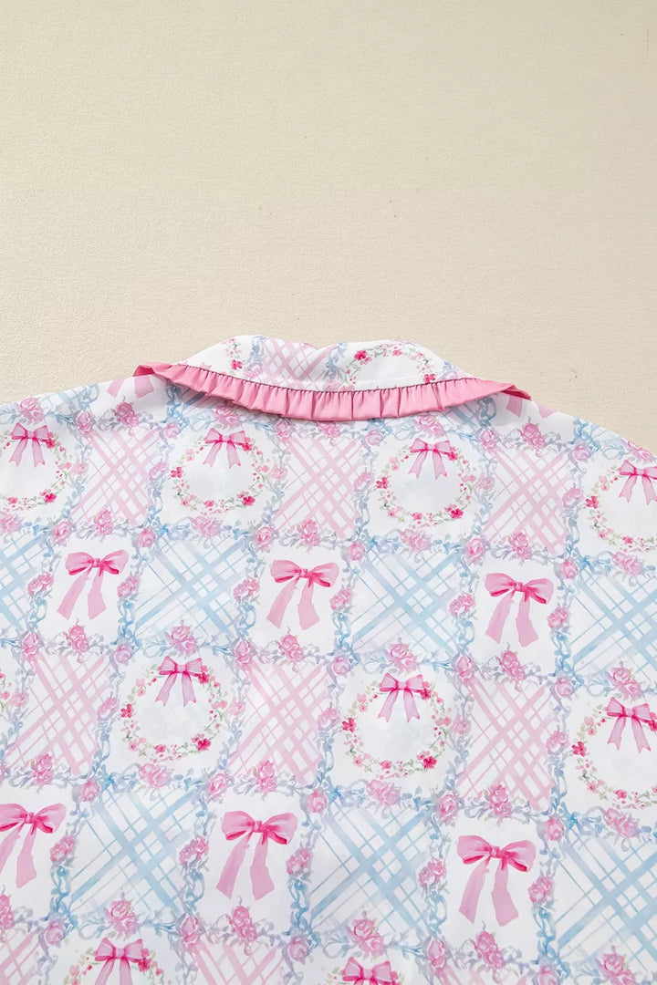 Wreath Pattern Christmas Tied Front Long Sleeve 2pcs Pajama Set