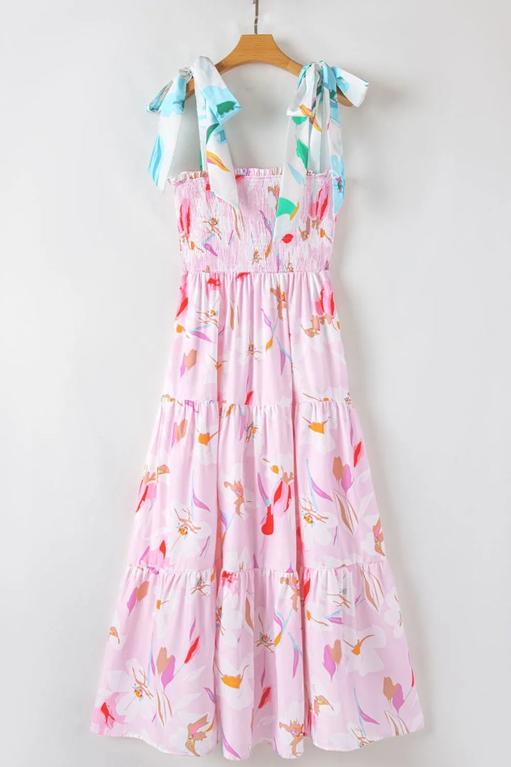 Floral Print Knotted Shoulder Smocked Maxi Dress