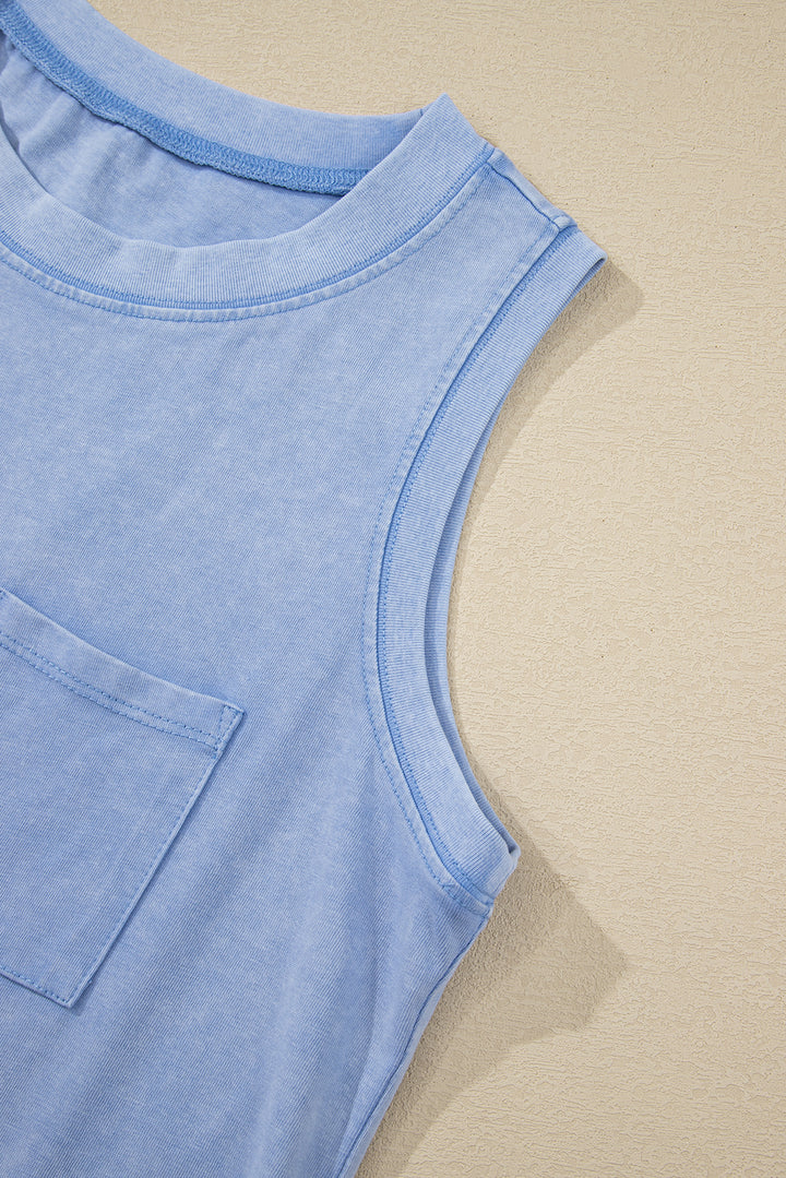 Beau Blue Mineral Wash Patched Chest Pocket Casual Tank Top