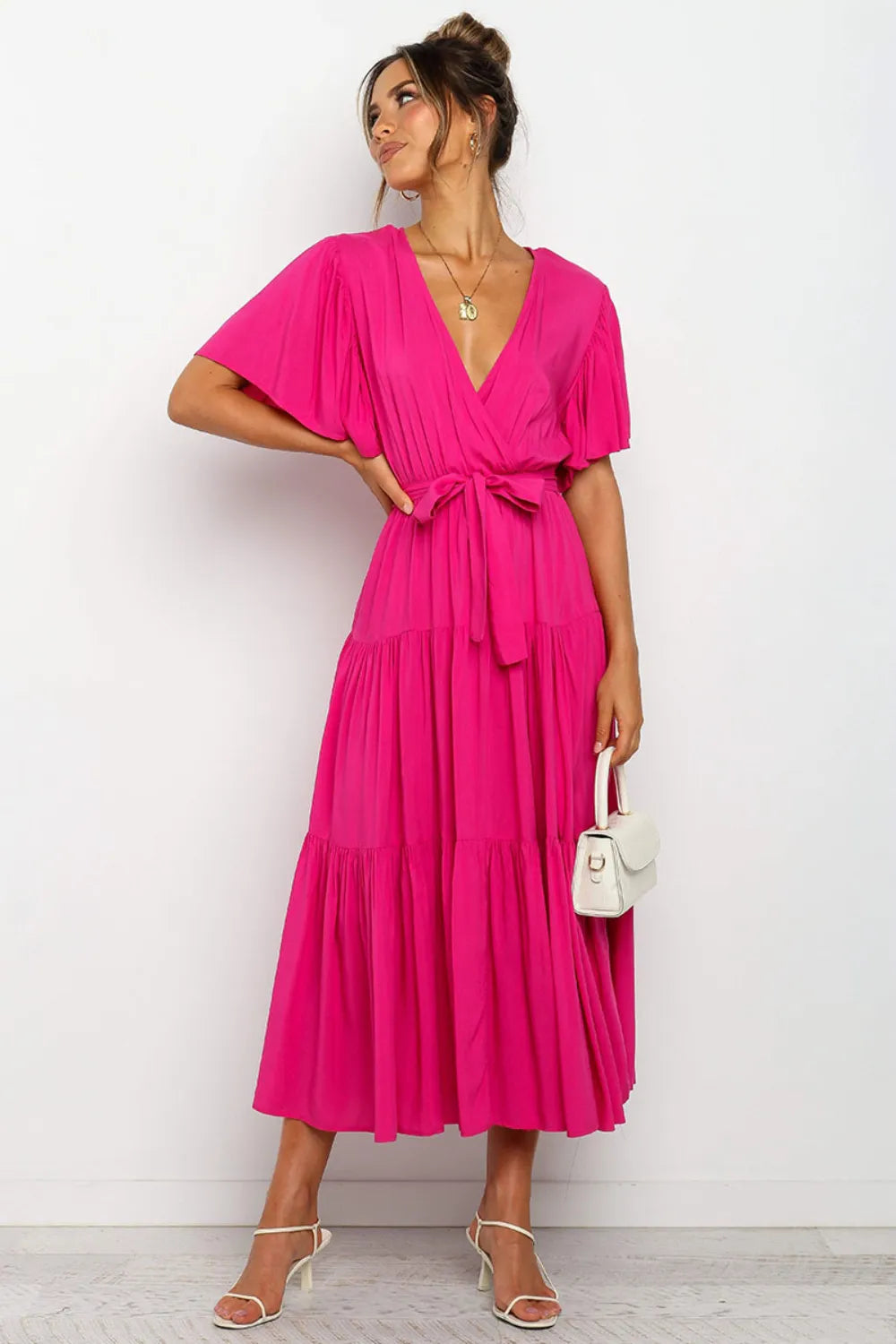 Tied Tiered Short Sleeve Midi Dress
