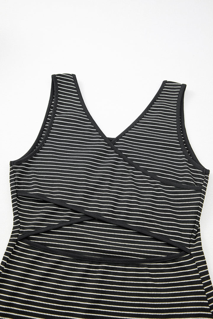 Black Stripe Criss Cross Side Slits Slim Fit Sleeveless Midi Dress