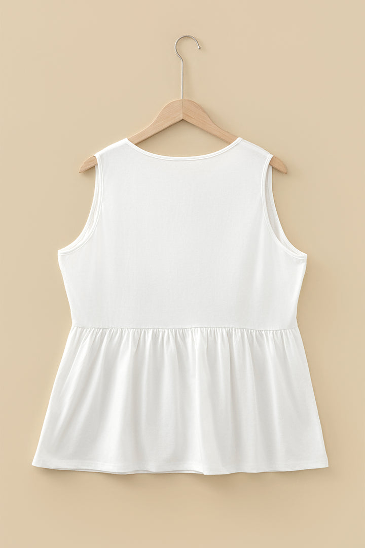 White Plus Size Solid Color Bow Tie Peplum Tank Top