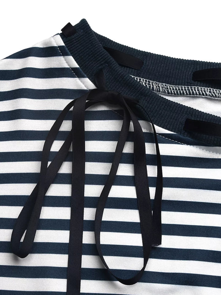 Striped Off-Shoulder Ribbon Accent Sweatshirt
