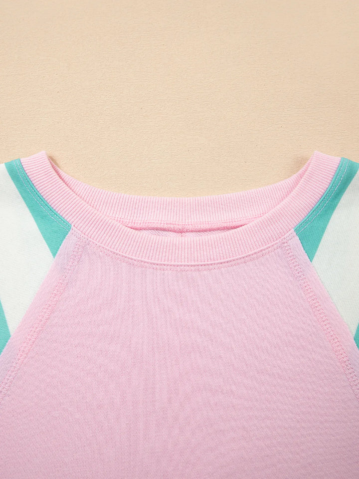 Striped Color Block Patchwork Raglan Sleeve Top with Slits