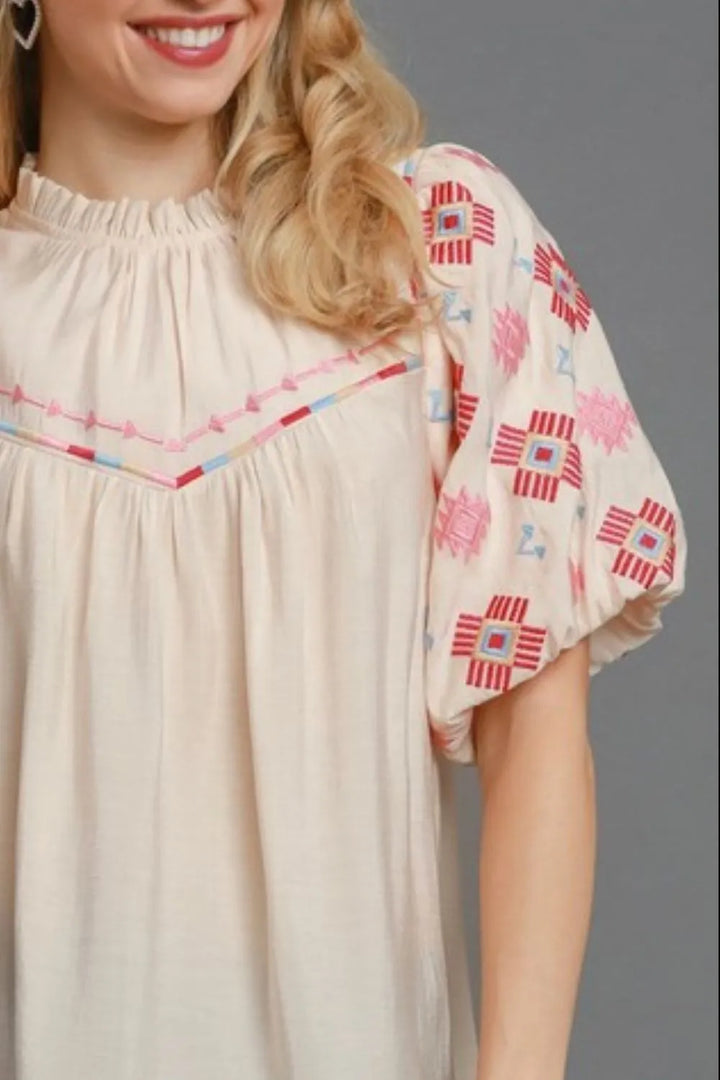 Umgee Full Size Embroidered Puff Sleeve Mock Neck Top Plus Size